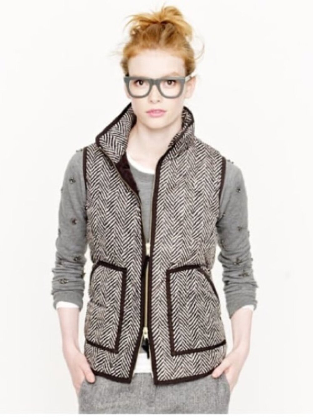 J. CREW Black Cream Beige Herringbone Quilted Vest – XXS